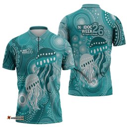 NAIDOC Deadly 50 Years Zipper Polo Shirt Jellyfish Aboriginal Culture Inspired Turquoise LT9