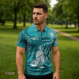 NAIDOC Deadly 50 Years Zipper Polo Shirt Jellyfish Aboriginal Culture Inspired Turquoise LT9