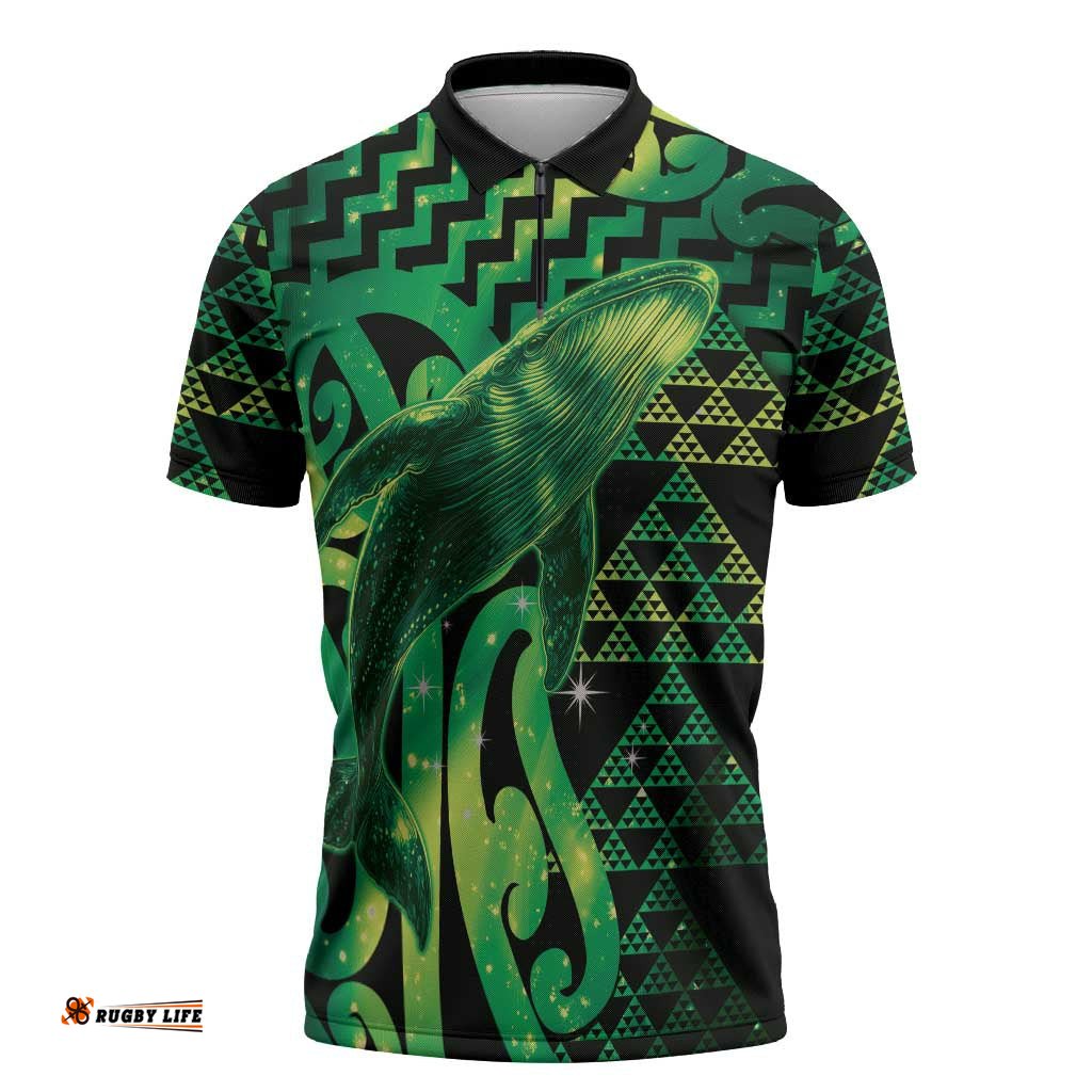 Humpback Whale Matariki New Zealand Zipper Polo Shirt NZ Maori Paikea Poutama Luxury Green LT14