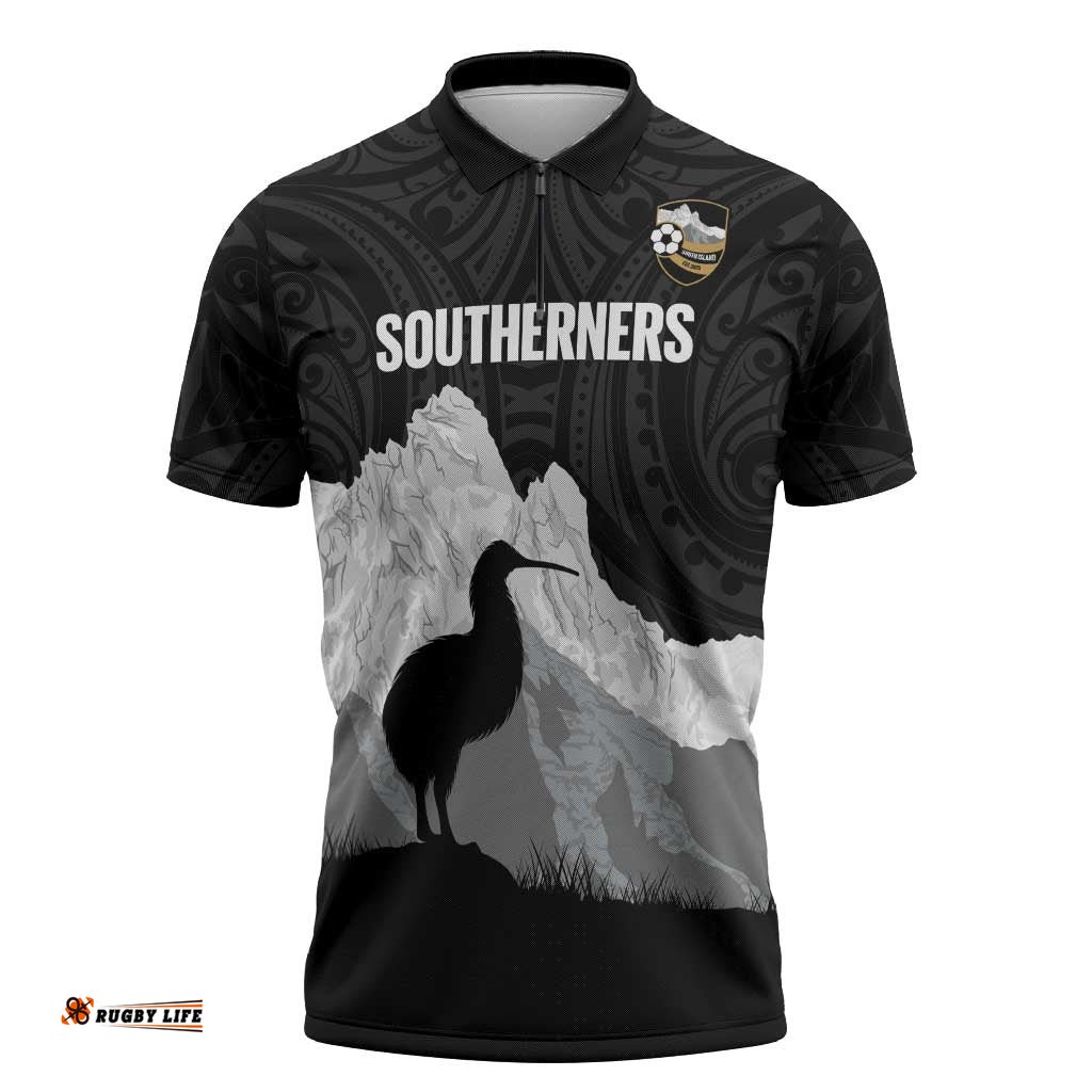 New Zealand South Island Football Custom Zipper Polo Shirt Aoraki Mount Cook With Kiwi Maori Pattern LT14