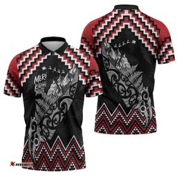 New Zealand Christmas Taniko Poutama Zipper Polo Shirt Mountainscape Maori Fern LT7