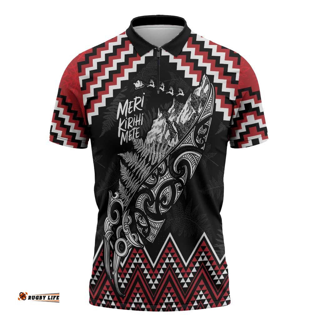New Zealand Christmas Taniko Poutama Zipper Polo Shirt Mountainscape Maori Fern LT7