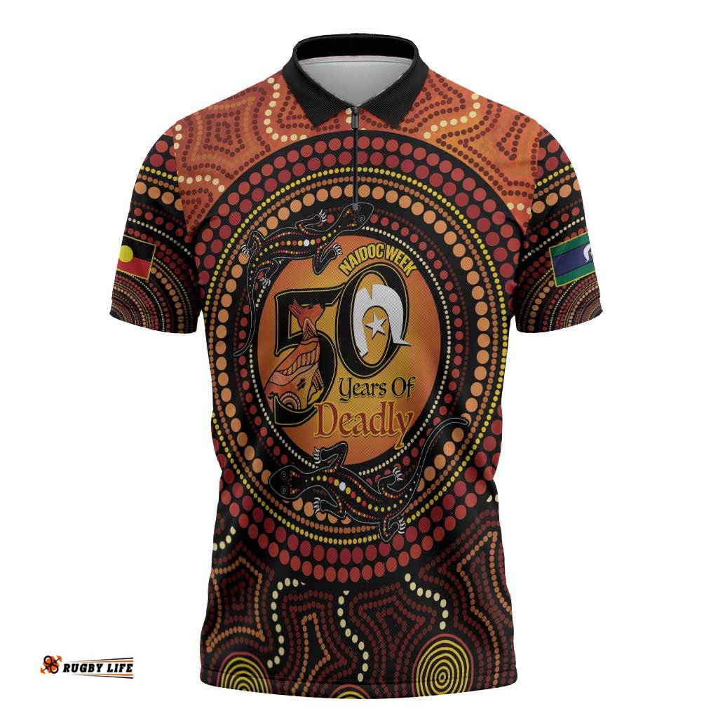 NAIDOC Week 2026 Personalised Zipper Polo Shirt 50 Years of Deadly Lizard Kangaroo Aboriginal Art LT14