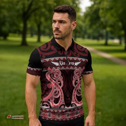 Kia Ora New Zealand Zipper Polo Shirt Maori Language Week Whero Taniko Motif LT14