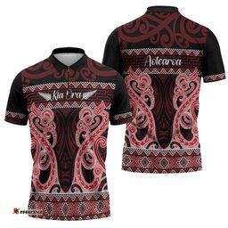 Kia Ora New Zealand Zipper Polo Shirt Maori Language Week Whero Taniko Motif LT14