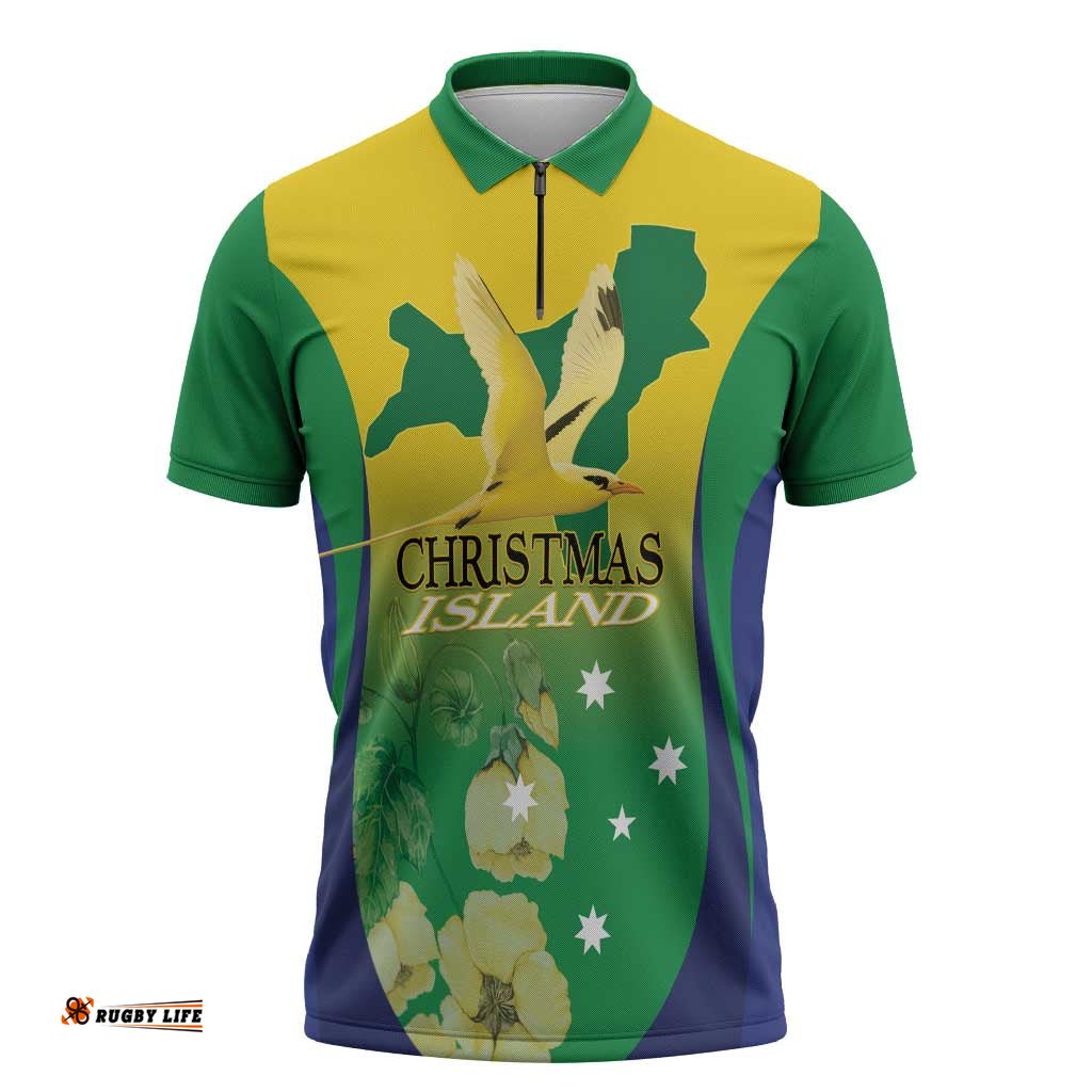 Personalised Australia Christmas Island Zipper Polo Shirt Golden Bosun Abutilon listeri With Map LT14