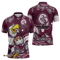 Manly Warringah Sea Eagles Zipper Polo Shirt Aboriginal Dot Pattern - Rugby Mascot Heritage Pride TS04