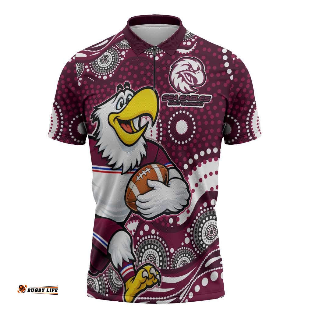 Manly Warringah Sea Eagles Zipper Polo Shirt Aboriginal Dot Pattern - Rugby Mascot Heritage Pride TS04