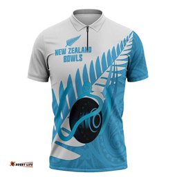 New Zealand Lawn Bowls Prostate Cancer Custom Zipper Polo Shirt Aotearoa Maori Silver Fern Blue Ribbon LT14