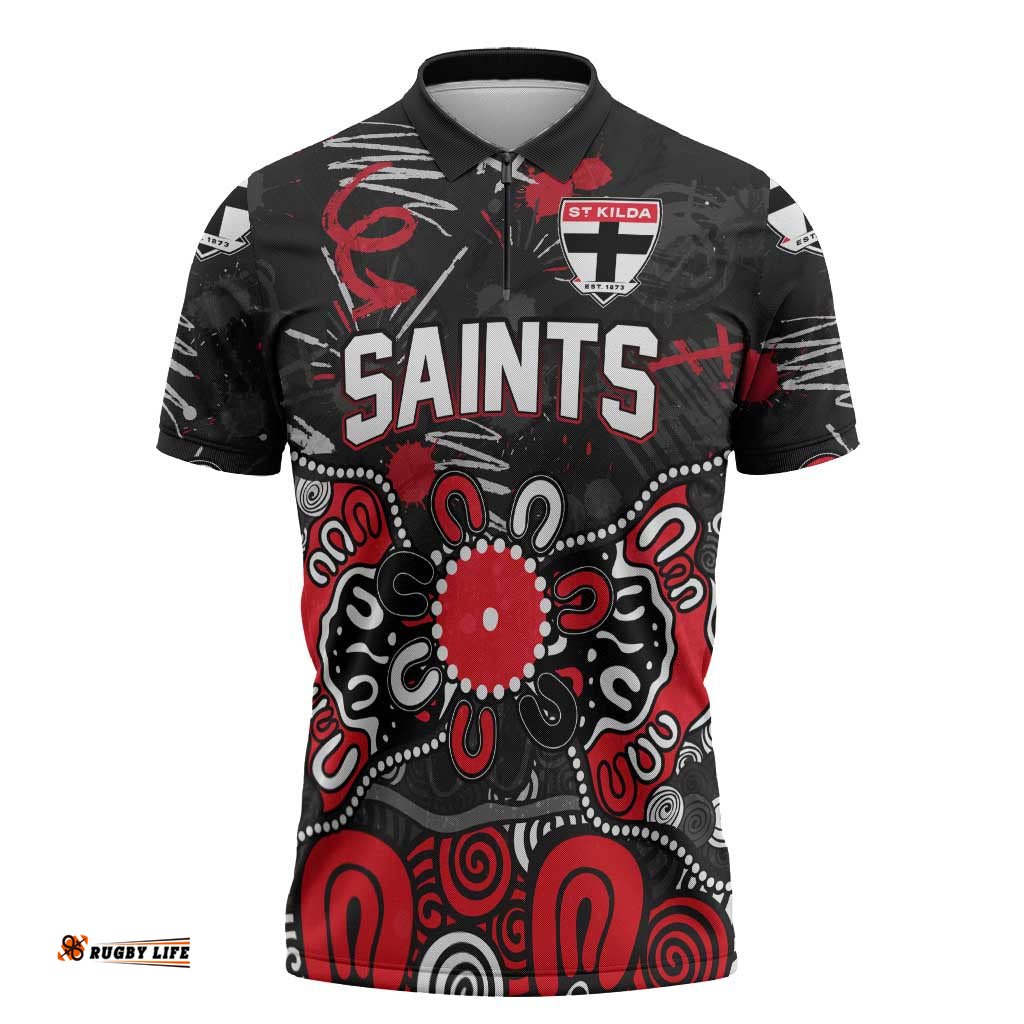 Personalized St Kilda Saints Zipper Polo Shirt Aboriginal Dot Painting Graffiti Style TS04