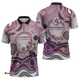 Manly Warringah Sea Eagles Rugby Zipper Polo Shirt Australian Aboriginal Dot Painting Style TS04