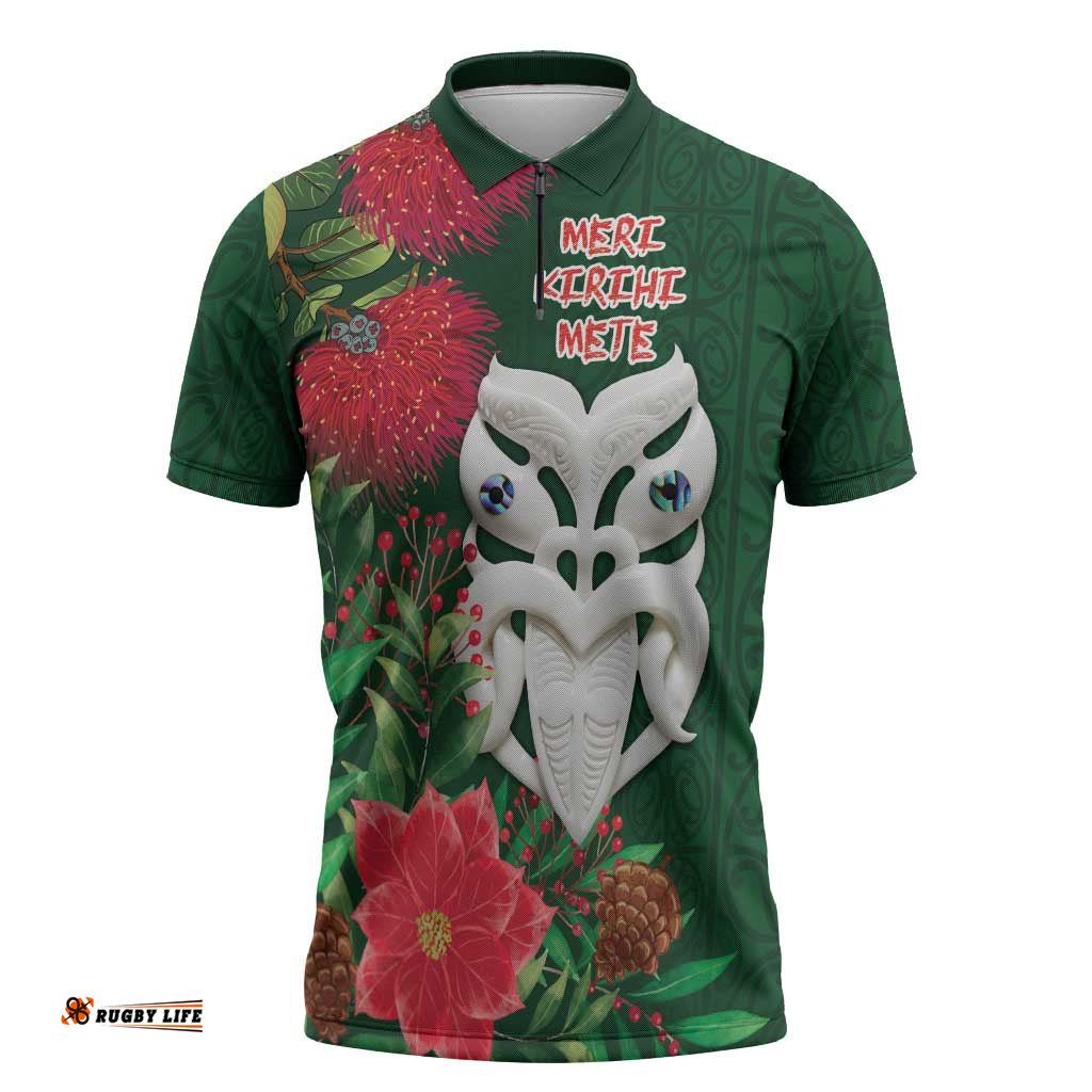 Maori Wheku Meri Kirihimete Personalised Zipper Polo Shirt All Green Indigenous Maori Motif LT9