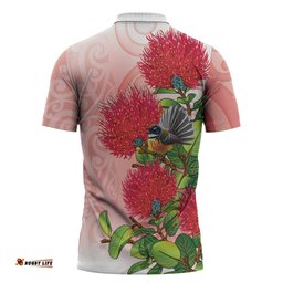 New Zealand Fantail Zipper Polo Shirt Maori Koru With Pohutukawa Flowers LT05