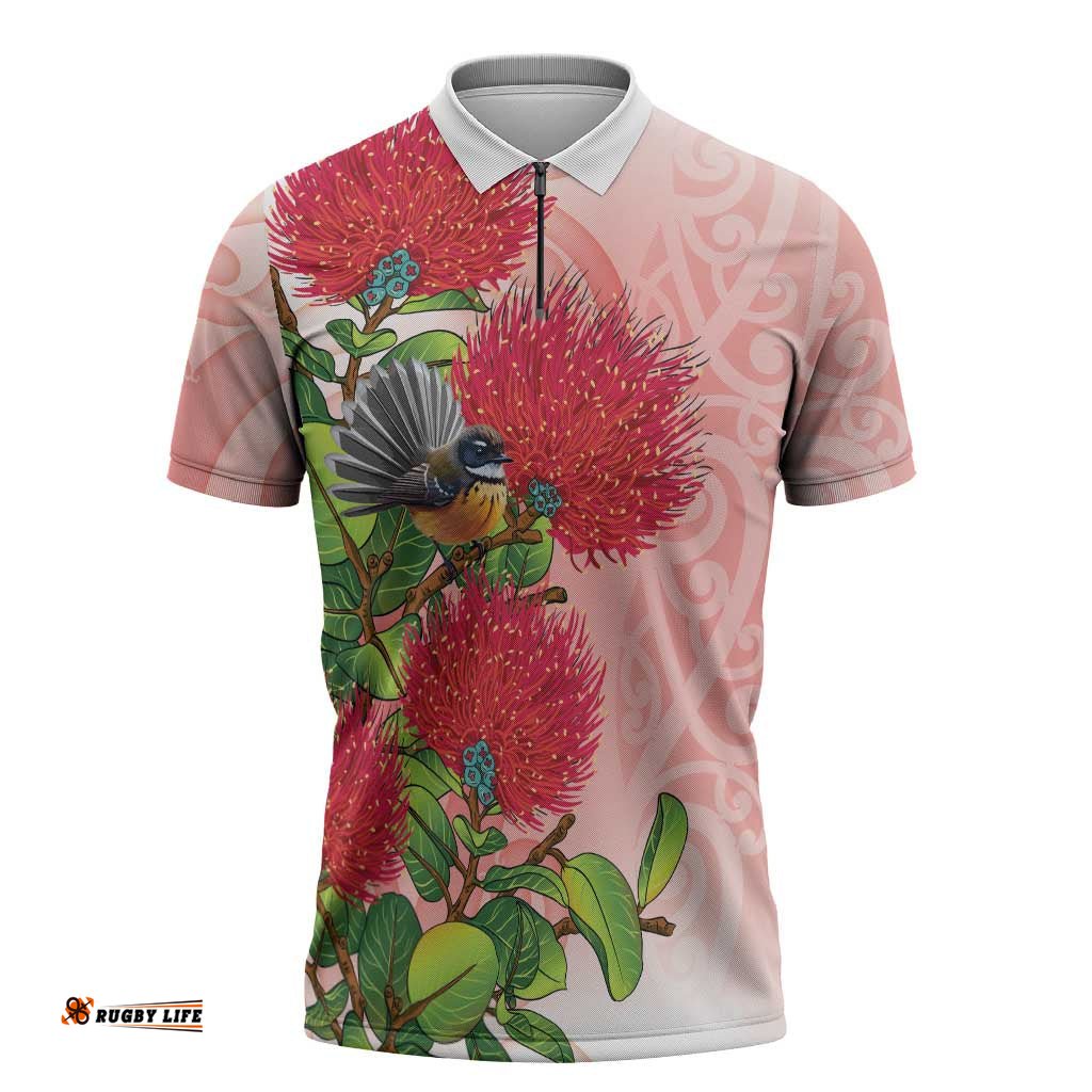New Zealand Fantail Zipper Polo Shirt Maori Koru With Pohutukawa Flowers LT05