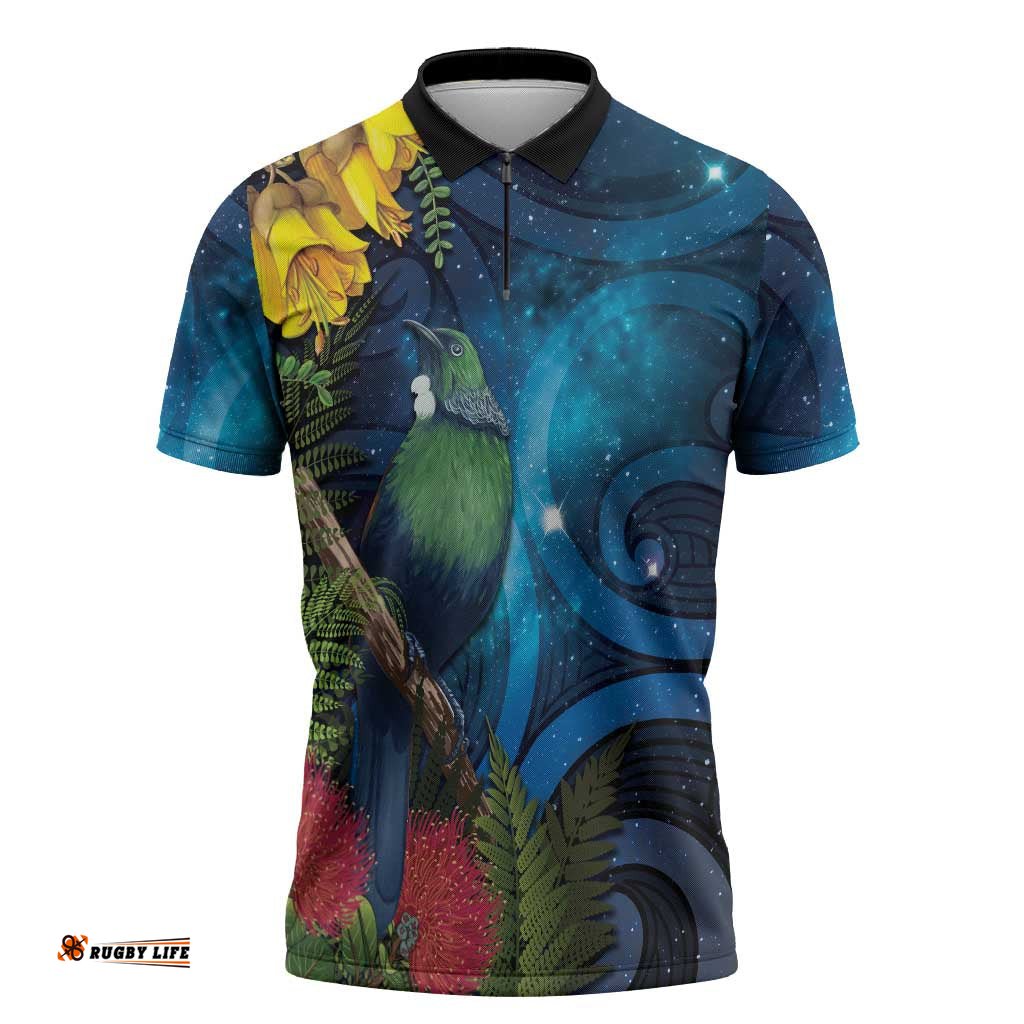 Tui Bird New Zealand Starry Sky Zipper Polo Shirt Maori Koru LT7