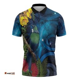 Tui Bird New Zealand Starry Sky Zipper Polo Shirt Maori Koru LT7