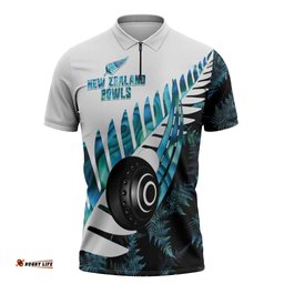 New Zealand Lawn Bowls Custom Zipper Polo Shirt Aotearoa Silver Fern Paua Shell LT14