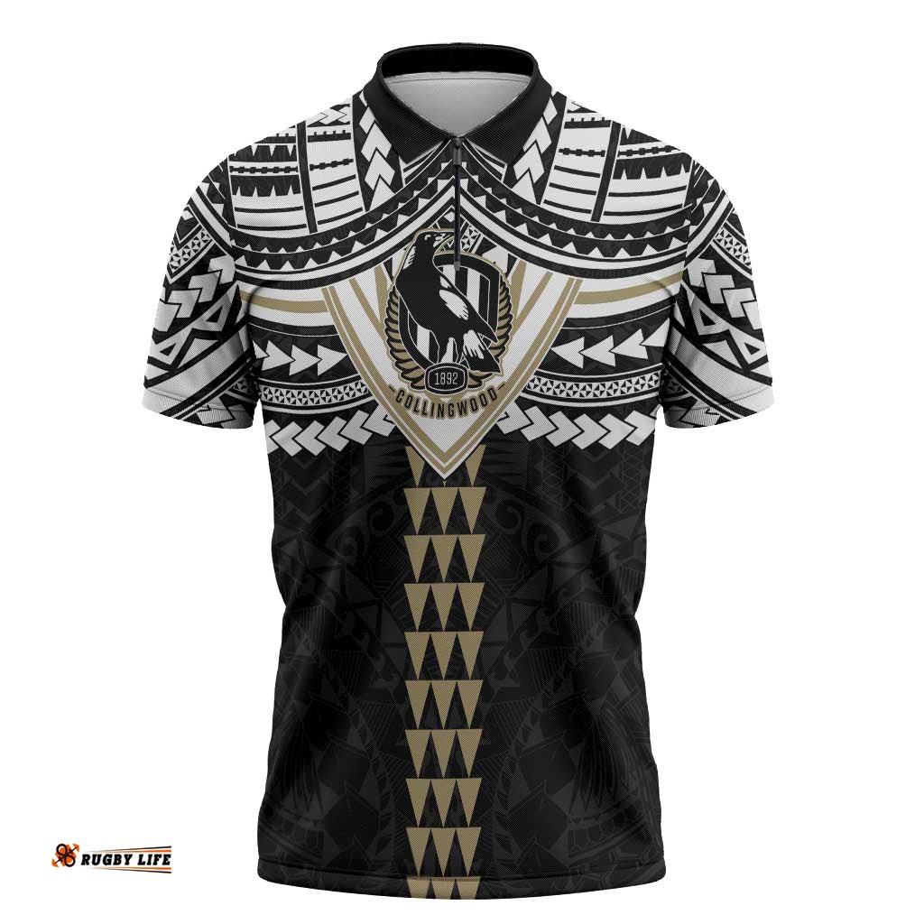 Personalized Collingwood Magpies Zipper Polo Shirt Polynesian Tribal Pattern Heritage Football TS04