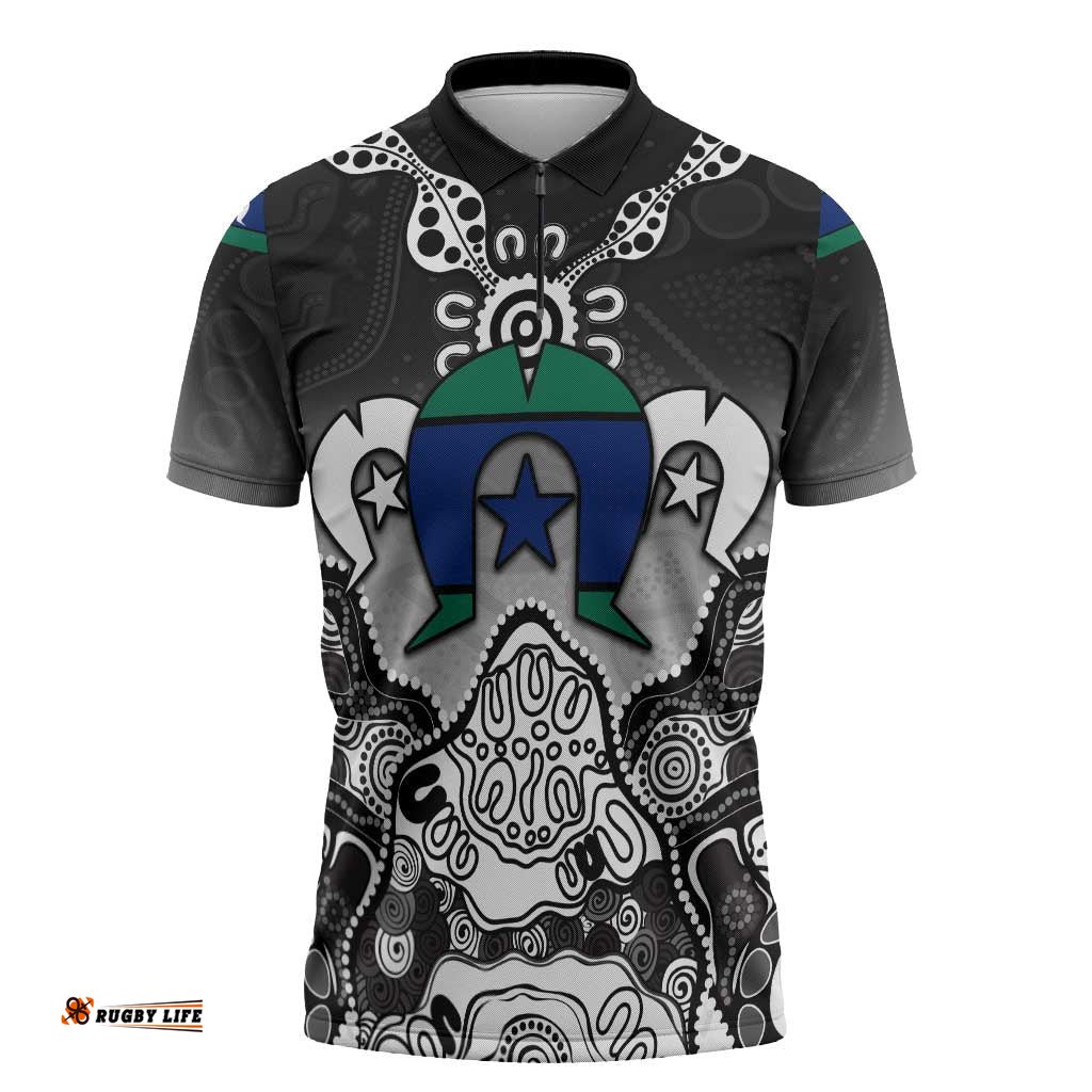 Torres Strait Islander Flag Zipper Polo Shirt Dhari Indigenous Dotwork Pattern Art TS04