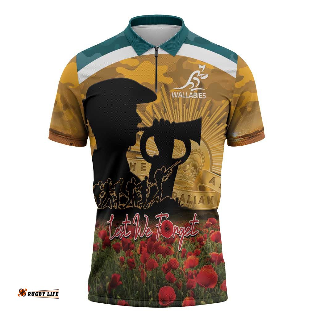 Personalised Wallabies ANZAC Day Zipper Polo Shirt Last Post Poppy Lest We Forget LT14