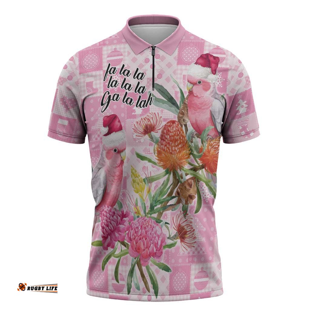 Sweet Pink Cockatoos Aussie Santa Zipper Polo Shirt Australia Christmas Vibes LT9