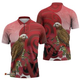 New Zealand Parrot Kaka Zipper Polo Shirt Maori Koru With Pohutukawa Flowers LT05