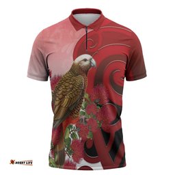 New Zealand Parrot Kaka Zipper Polo Shirt Maori Koru With Pohutukawa Flowers LT05