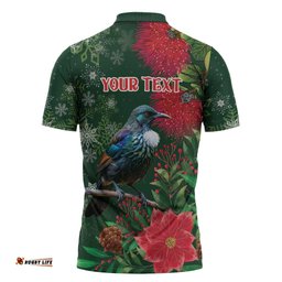 Tui Meri Kirihimete Personalised Zipper Polo Shirt Pohutukawa Flowers Green Motif LT9