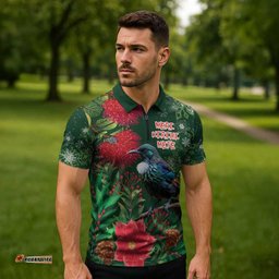 Tui Meri Kirihimete Personalised Zipper Polo Shirt Pohutukawa Flowers Green Motif LT9
