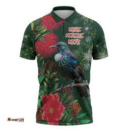 Tui Meri Kirihimete Personalised Zipper Polo Shirt Pohutukawa Flowers Green Motif LT9