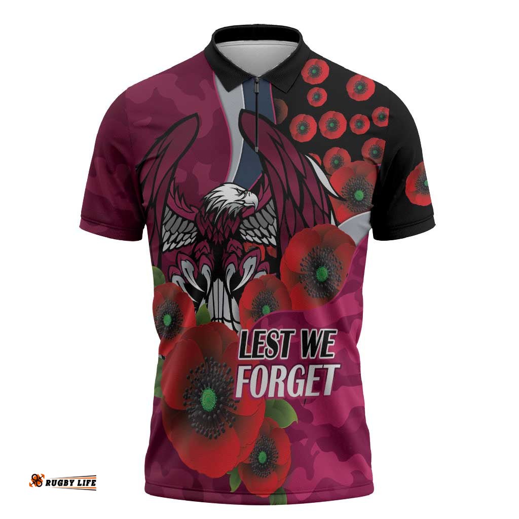 Manly Warringah Sea Eagles ANZAC Personalised Zipper Polo Shirt Lest We Forget Poppy Camo LT9