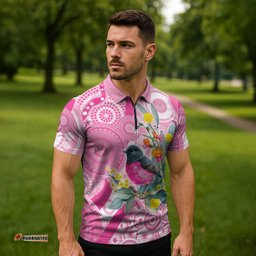 Pink Robin Aboriginal Inspired Zipper Polo Shirt LT9