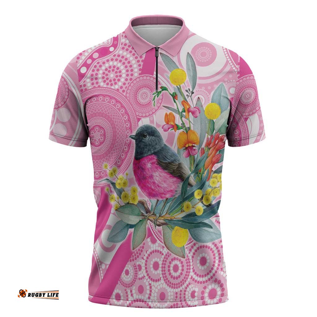 Pink Robin Aboriginal Inspired Zipper Polo Shirt LT9