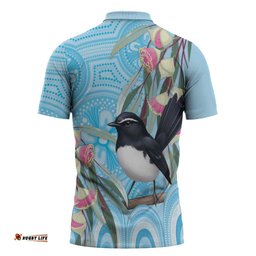 Willie wagtail Australia Zipper Polo Shirt Eucalyptus Blossoms Aboriginal Art LT14