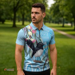 Willie wagtail Australia Zipper Polo Shirt Eucalyptus Blossoms Aboriginal Art LT14