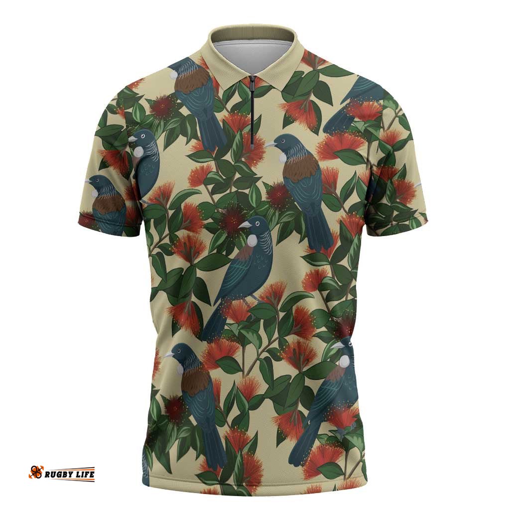 New Zealand Christmas Zipper Polo Shirt Romantic Tui Birds on Pohutukawa - Ivory LT7