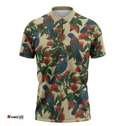 New Zealand Christmas Zipper Polo Shirt Romantic Tui Birds on Pohutukawa - Ivory LT7