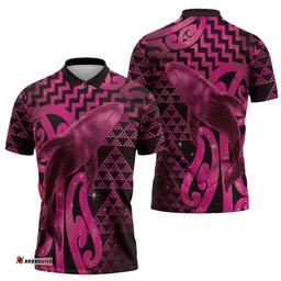 Humpback Whale Matariki New Zealand Zipper Polo Shirt NZ Maori Paikea Poutama Luxury Pink LT14
