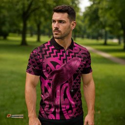 Humpback Whale Matariki New Zealand Zipper Polo Shirt NZ Maori Paikea Poutama Luxury Pink LT14