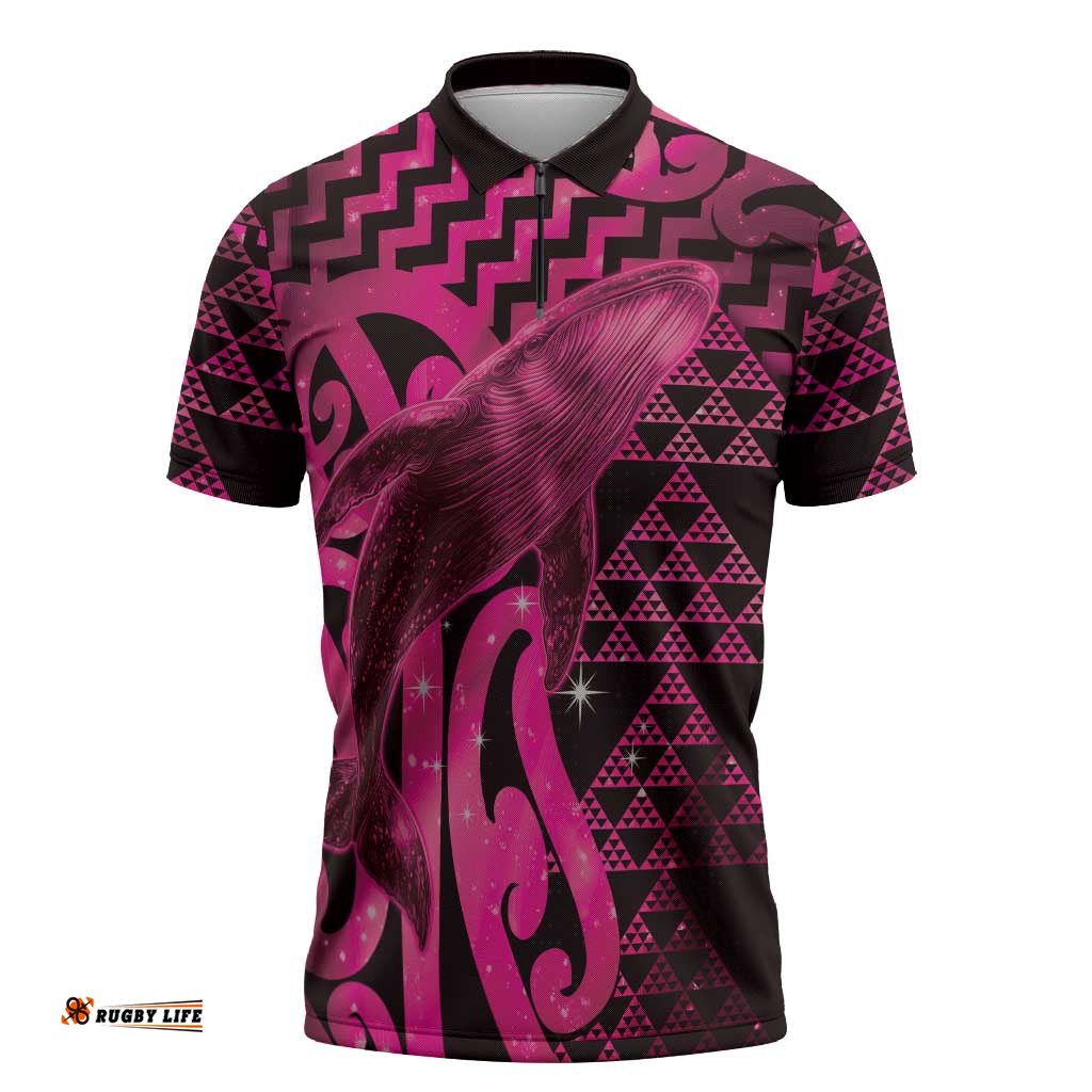 Humpback Whale Matariki New Zealand Zipper Polo Shirt NZ Maori Paikea Poutama Luxury Pink LT14