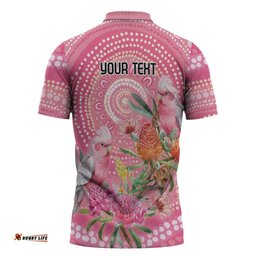 Personalized Pink Galah Aboriginal Dot Art Zipper Polo Shirt Australias Breast Cancer Awareness LT9