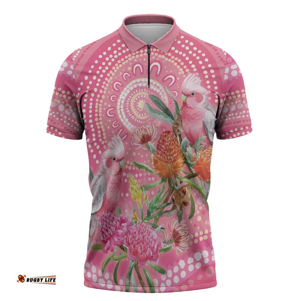 Personalized Pink Galah Aboriginal Dot Art Zipper Polo Shirt Australias Breast Cancer Awareness LT9
