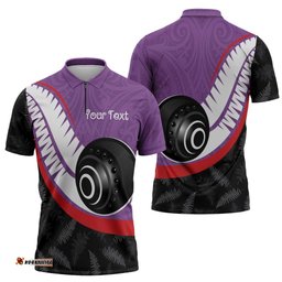 Personalised Aotearoa Lawn Bowls Zipper Polo Shirt Maori and Silver Fern Sporty Style Purple Color LT03