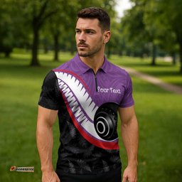 Personalised Aotearoa Lawn Bowls Zipper Polo Shirt Maori and Silver Fern Sporty Style Purple Color LT03