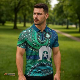Torres Strait Islands Zipper Polo Shirt Dhari Emblem Vibrant Teal Indigenous TS04