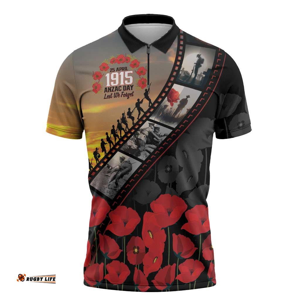 Personalised Remembering ANZAC Lest We Forget Zipper Polo Shirt Vintage Film Frame Memorial Red Poppy LT9