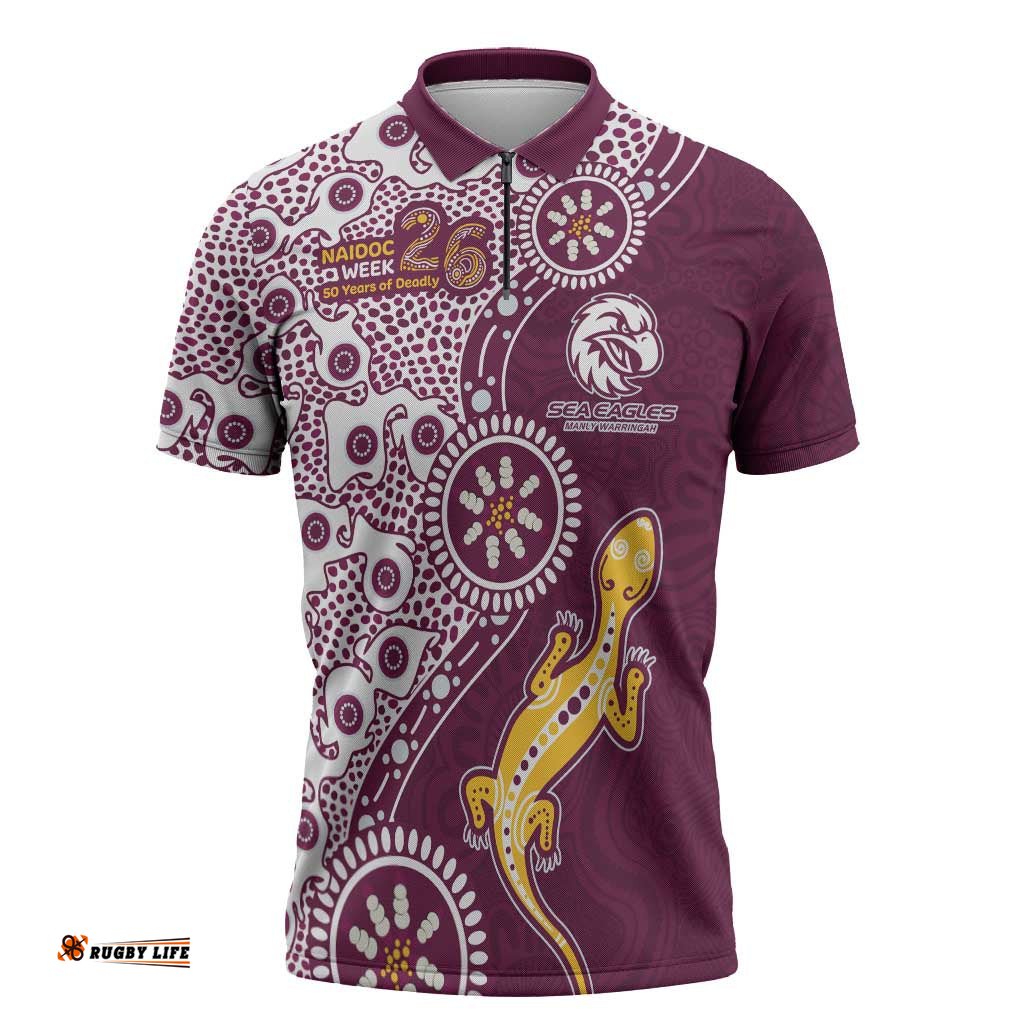 Manly Warringah Sea Eagles NAIDOC Week 2026 Zipper Polo Shirt Aboriginal Lizard Dot Painting - 50 Years of Deadly TS04