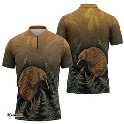 New Zealand Kiwi Bird Zipper Polo Shirt Silver Fern Mix Maori Pattern LT05