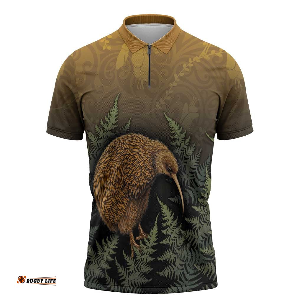 New Zealand Kiwi Bird Zipper Polo Shirt Silver Fern Mix Maori Pattern LT05