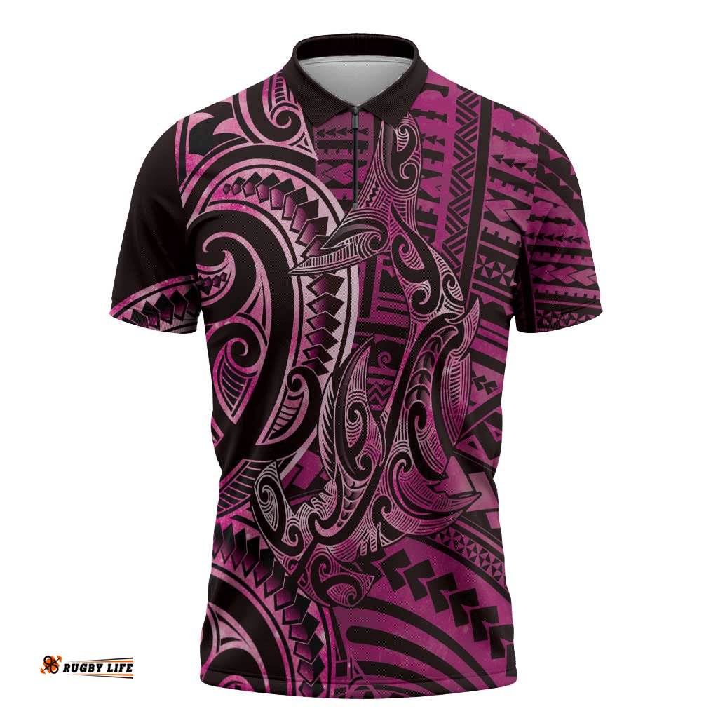 New Zealand Hammerhead Shark Zipper Polo Shirt Maori Haehae Mangopare Pink LT14